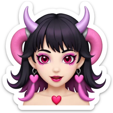 succubus,-pink-irises,-heart-pupils,-black-shaggy-hair,-straight-across-fringe,-grey-skin,-white-horns-curving-towards-forehead,-succubus-horns,-flirty-smile,-full-lips,-black-lips,-cute-fangs sticker