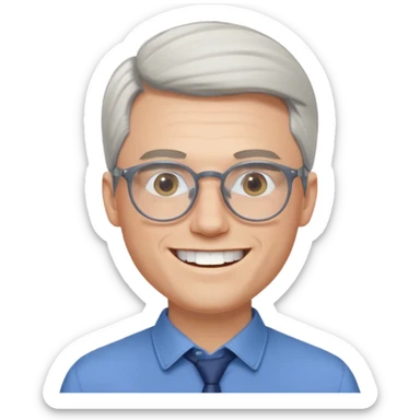 30 yr old pale white man, white/grey side swept stylish hair, round glasses, big smile, white teeth, handsome, longer hair, thin glasses, blue dress shirt sticker
