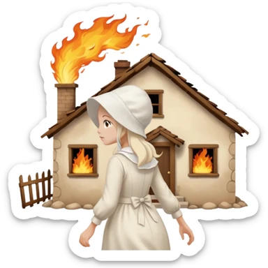handmaids tale style woman burning house down walking away from house. shes wearing the nun hands maid tale hat cant see her face sticker