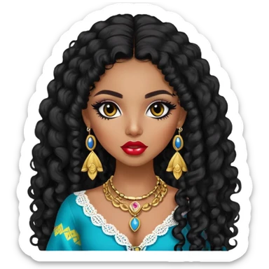 Colombian, pretty lips, colombian clothes, dark skin, long black curly hair, jewelry, pretty bratz baddie, black eyeliner sticker