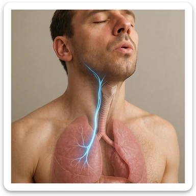realistic 4K close-up image of a man's neck and chest improving his vagus nerve through breathing protocols, anatomical details, highlighted vagus nerve path with blue glowing effect, man inhaling, transparency on internal organs, neutral background sticker