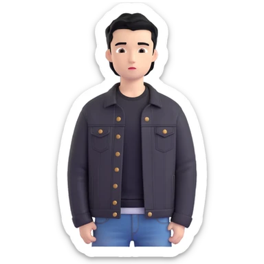 3D emoji Microsoft style, young man with black hair, wearing black t-shirt and black denim jacket, based on photo reference, neutral facial expression sticker