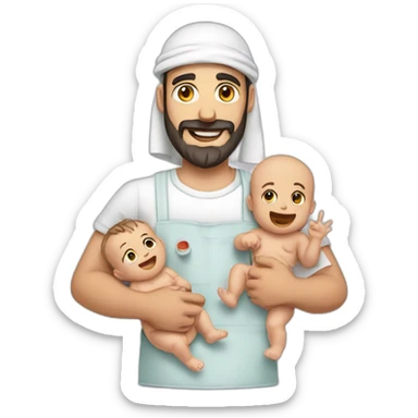 smiling-arab-bearded-man-holding-crying-baby-and-kitchen-tool sticker