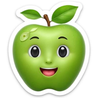 3D iOS-style emoji of a green apple with a cute human face: glossy, soft shading, big black eyes, tiny nose, open mouth with tongue, stem and leaf on top, white background sticker
