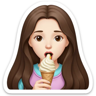 beautiful pale brunette girl with long hair enjoying an ice cream mouth closed sticker