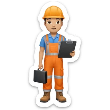Male railway engineer orange overalls, boots holding a clipboard in one hand sticker