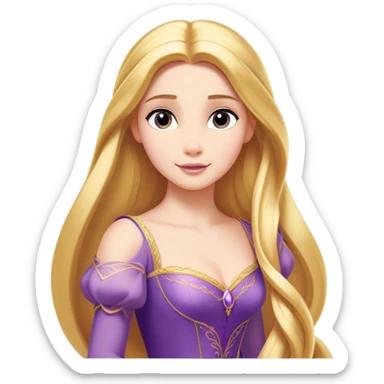Cinematic Majestic Rapunzel Portrait Emoji, rendered in a clean, vector-style with bold, simplified shapes. Show Rapunzel with a serene, graceful expression, luminous fair skin, and elegantly styled long golden hair, accented by her classic purple gown. The design radiates a majestic, dreamlike glow with high shine and a soft glowing outline, embodying regal beauty. sticker