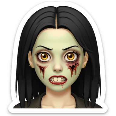 Faça uma zombie mulher com grillz com olhos castanhos cabelos liso preto partido ao meio e estilo baddie sticker