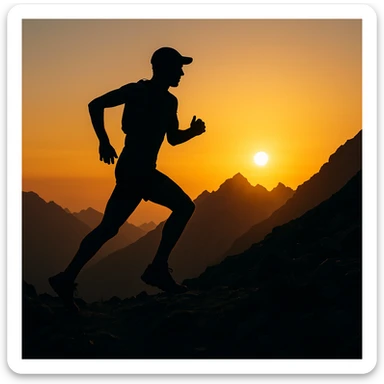 a mountain trail runner silhouette against sunrise, sporty, rugged terrain sticker