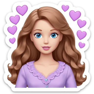 Barbie girl Chestnut long wavy hair and blue eyes is In pale purple clothes There are grey hearts all around sticker