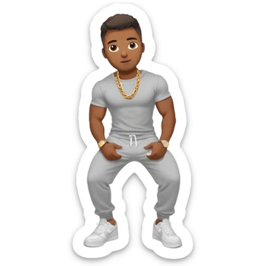 Handsome Black guy with brown skin tone, with muscular build, wearing gray sweatpants, a white t-shirt, white Air Force Ones sneakers, a small gold rope chain, and a gold watch  sticker