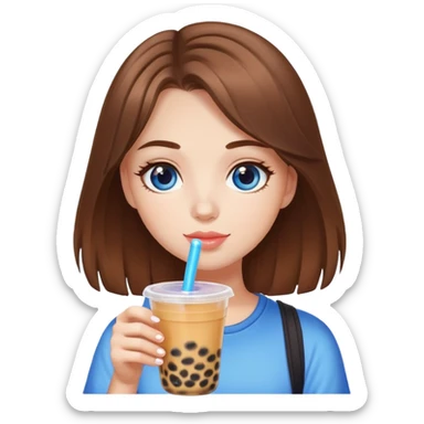 White girl with brown hair and blue eyes drinking bubble tea sticker
