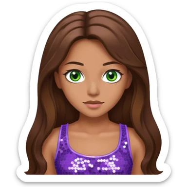 Teresa from Barbie & Friends with green eyes, long brown hair, lilac sequin crop top sticker