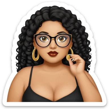 big plus size, latina, darker tan skin, long black curly hair, baddie,pretty, makeup, lipliner, black eyeliner, long hair, gold earrings, black top, black glasses sticker