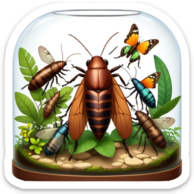 Close-up of giant Madagascar hissing cockroaches, butterflies, and stick insects inside a terrarium, with detailed textures of their bodies, wings, and legs. Soft lighting highlights their features. Transparent background. sticker
