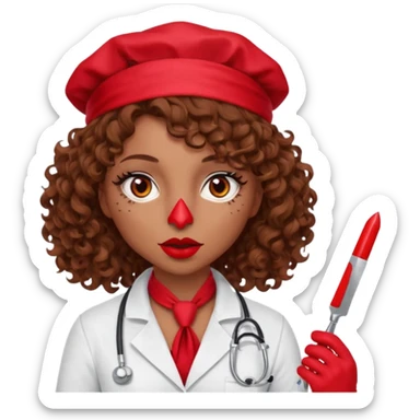 Lilith scalpel in hand, evil surgeon sexy surgeon clothes.  She has red eyes.Her  brown curly hair. Wears sexy doctor outfit with red gloves. Hides mouth necknose with red bandana to hide her identity. Hair is long and brown sticker
