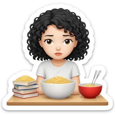 generate a pretty bratz fair skinned girl with curly black hair wearing a white tshirt sitting on a table with noodles and books. looking sleepy and tired and sad sticker