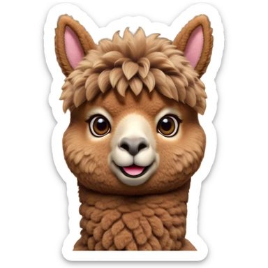 Cinematic Comical Brown Alpaca Portrait Emoji, Head tilted dramatically with an exaggeratedly amused expression, featuring a striking, plush brown fleece with playful texture, wide, expressive warm eyes filled with playful disbelief, Simplified yet hilariously expressive features, highly detailed, glowing with a slightly sassy glow, high shine, dramatic yet playful, stylized with an air of cheeky mischief, bright and endearing, soft glowing outline, capturing the essence of a spirited and over-the-top alpaca, so meme-worthy it feels like it could side-eye its way into internet fame instantly! sticker