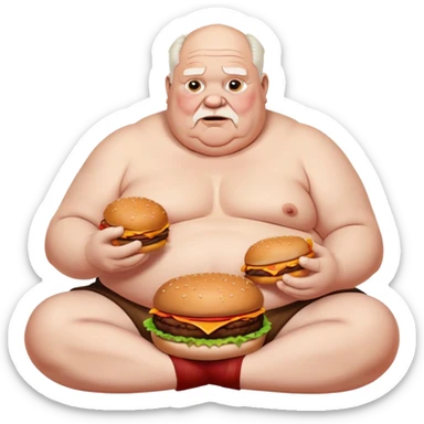 Fat old  man sitting down shirtless eating a bunch of burgers while having crumbs and sauce everywhere  sticker