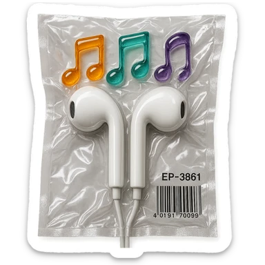 pair of white EarPods with three colorful transparent music notes in orange, teal, and violet arranged above, shiny and puffy sticker