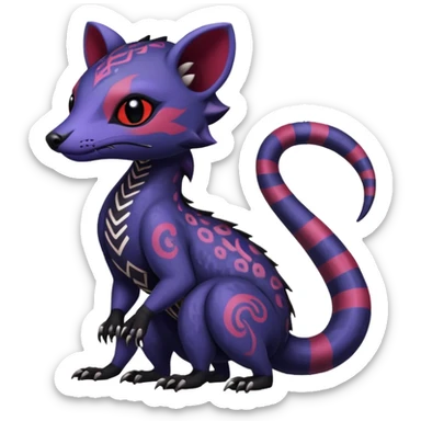 Rare warm-colored exotic gloomy tropical edgy cute epic aesthetic spooky indigo violet white black red gothic colorful Salandit-Salazzle-Civet-species-Fakemon-hybrid-creature, with tribal tattoo markings, full body sticker