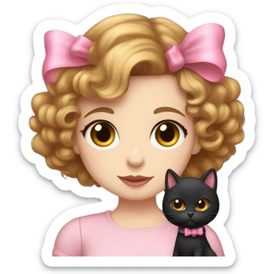 A girl with gold hazel eyes pale skin and curly brown hair holding a black cat with a pink bow on her hat the girl is wearing a black shirt sticker