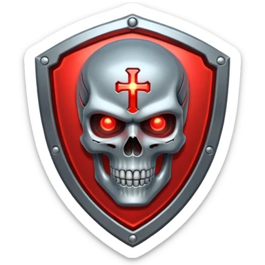 Sci-fi shield badge, terminator style skull, glowing red eyes, crossed futuristic sable and energy sword, no background sticker