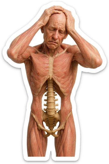 CORPO UMANO ANATOMICO con spina dorsale in evidenza, molto stanca e stressata mentre si tiene le mani sulla testa, IPERREALISTICO 4K sticker