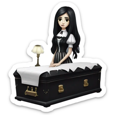 A gothic-style girl with long black hair in a black coffin with a white cushioned interior. She wears a striped black-and-white dress. Nearby is a white desk with dark books and an antique lamp. sticker
