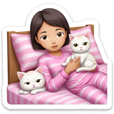 Short hair Asian girl wake up with white cat in pink pj sticker