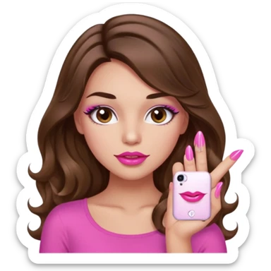 girl with long wavy brown hair, brown eyes, light to medium complexion, in a pink sexy top, pink puckered lips, long lashes, showing a manicure sticker