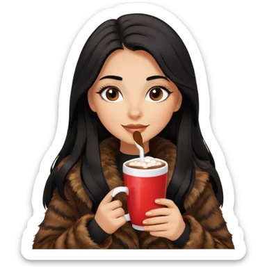 Tanned Girl with lashes , bright black long hair, in an extremely big fluffy brown fur mustang, and drinking hot chocolate drink sticker