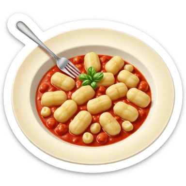 Gnocchi Cinematic Realistic Gnocchi Dish Emoji, depicted as tender oblong potato gnocchi garnished with iconic fork marks on top, rendered with soft textures and warm, inviting lighting. add red sauce sticker