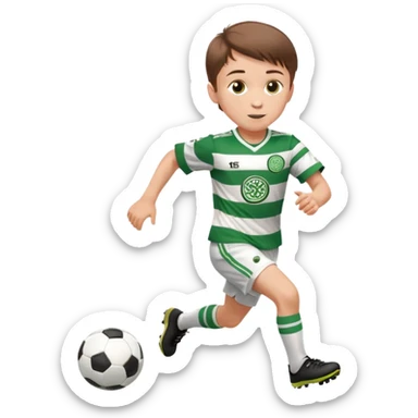 Celtic footballer jersey logo  6 years old brown hair white boy , brown eyes , stripes uniform , RUNNING  with soccer ball # 17 celtic football logo PUT ONLY ONE LOGO ONE CELTIC LOGO ONLY white shorts sticker