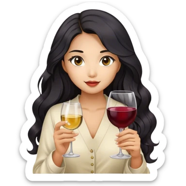 tan super asian girl with black long wavy hair holding glass of wine sticker