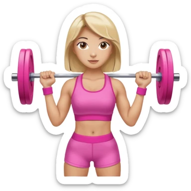 An Asian lady with gray eyes, balayage hair, blonde highlights, in a pink gym outfit, holding a pink barbell  sticker