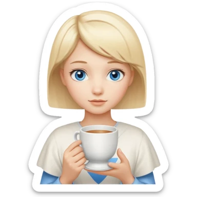 angelic blonde girl with short hair and blue eyes holds a cup sticker