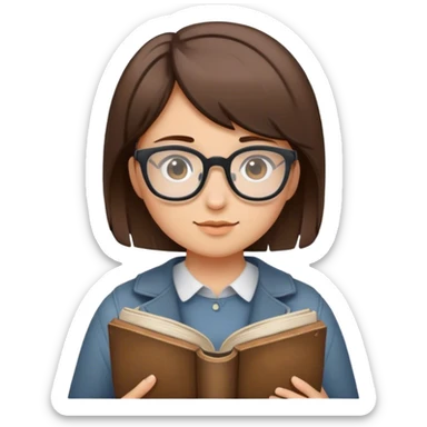 girl with short brown hair, wearing glasses and holding a book sticker