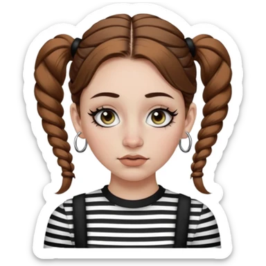 a white girl with brown hair in very low pigtails black eyeliner big false eyelashes with a septum piercing nose piercing big hoop earings dermals close to the eyes one on each side wearing a black and white striped long sleeve shirt sticker