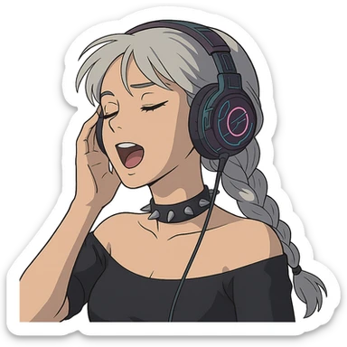 she is listening to music in headphones and JAMMIN!, a closeup portrait of young woman with gold yellow eyes, white hair, long braid, black off-shoulder top d-cup, punk gothic style, futuristic cyberwave cyberpunk,  eyes closed, singing, one hand on the headset sticker