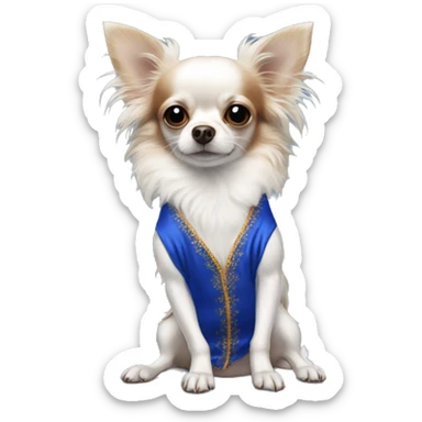Long-haired white Chihuahua with reddish brown markings wearing royal blue silk pajamas sticker