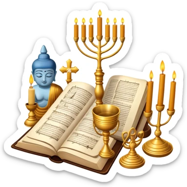 An icon featuring a Torah scroll, Menorah, Bible, Orthodox cross, Quran, and a Buddha statue, symbolizing the study of religions. The design includes diverse religious symbols arranged harmoniously, representing global faiths and spiritual practices. Transparent background sticker
