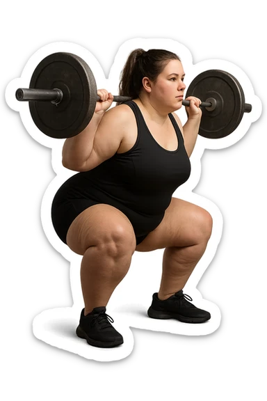 donna leggermente in sovrappeso con lipedema alle gambe che fa uno squat di profilo con bilanciere, IPERREALISTICA 4K sticker