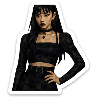 K-pop inspired gothic girl, polygonal style, geometric shapes, dark color palette, stylish stage outfit sticker
