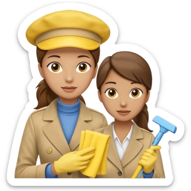 A cleaning Lady with Brown hair, high ponytail and yellow cleaning gloths is Talking to a Detektive with beige had, a beige coap and he is interviewing the cleaning Lady sticker