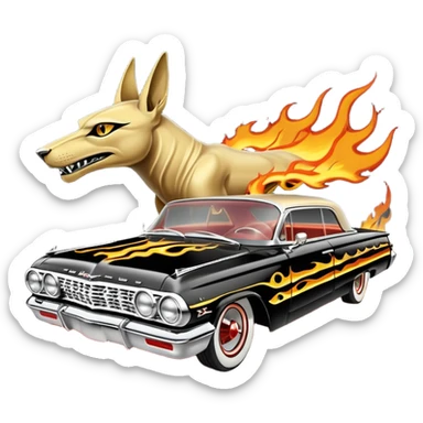 Satan’s streamlined Hot rod custom 1964 impala low rider four door Anubis themed painted hood flaming side-mounted chrome exhaust pipes driving straight to hell  sticker
