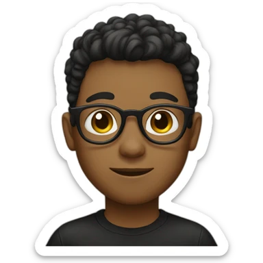 A boy with a partial haircut, black-rimmed glasses and a black T-shirt sticker