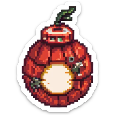 Red digital bomb with flame-shaped fuse on top, round bomb body with red highlights and details, pixel art style sticker