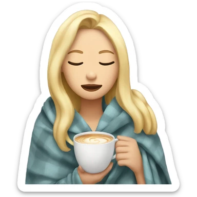 girl inside a blanket sipping coffee eyes closed with blonde hair sticker