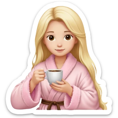 girl with long blonde hair sitting a cup of coffee wearing light pink fluffy robe sticker